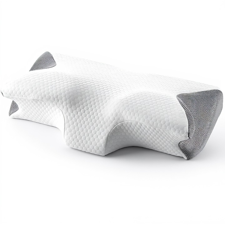 Perna cervicala ergonomica Ayawaska, spuma cu memorie, respirabila, alb/gri, 62x36x14cm