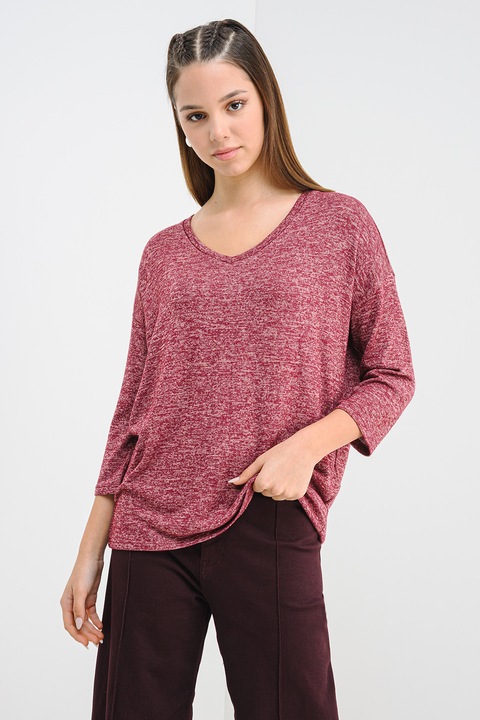 Vero Moda, Pulover cu decolteu in V si maneci 3/4, Alb fildes/Roz zmeuriu