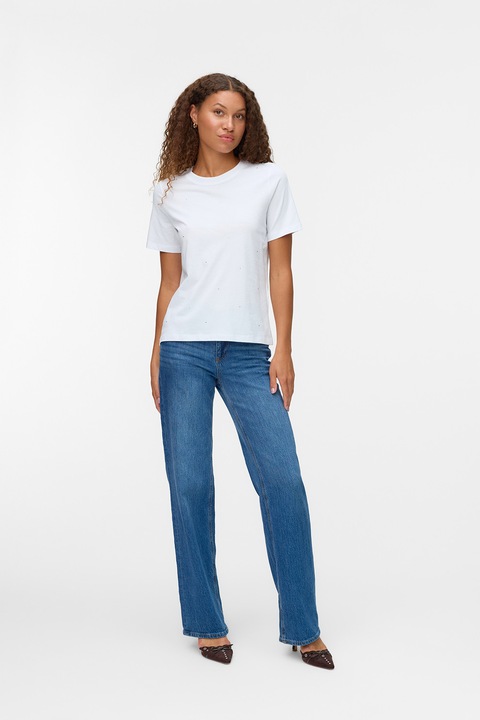 Vero Moda, Тениска с органичен памук с декоративни камъни, Бял