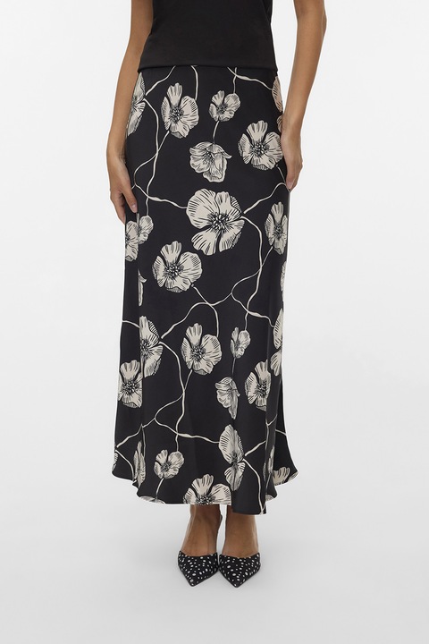 Vero Moda, Fusta cu croiala pe bie si aspect satinat, Negru/Crem