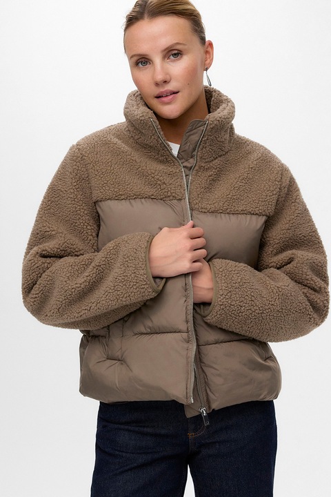 Vero Moda, Geaca cu vatelina si segmente din material teddy, Maro camel