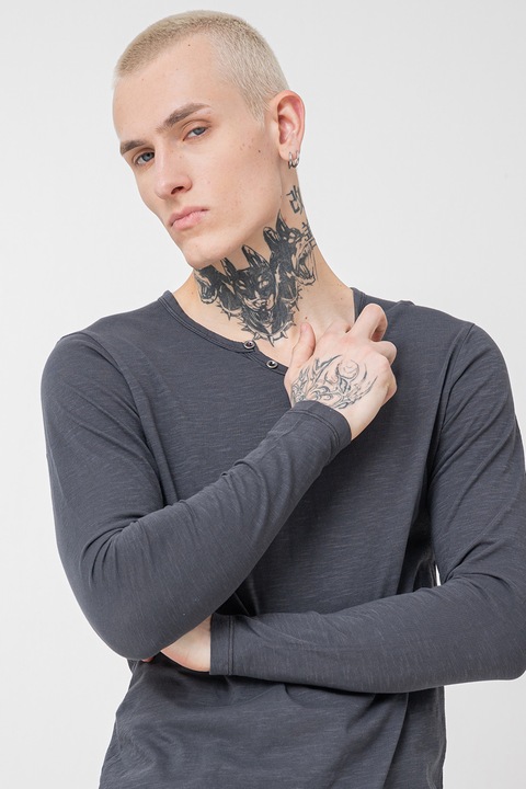 Jack&Jones, Bluza henley slim-fit de bumbac, Gri inchis