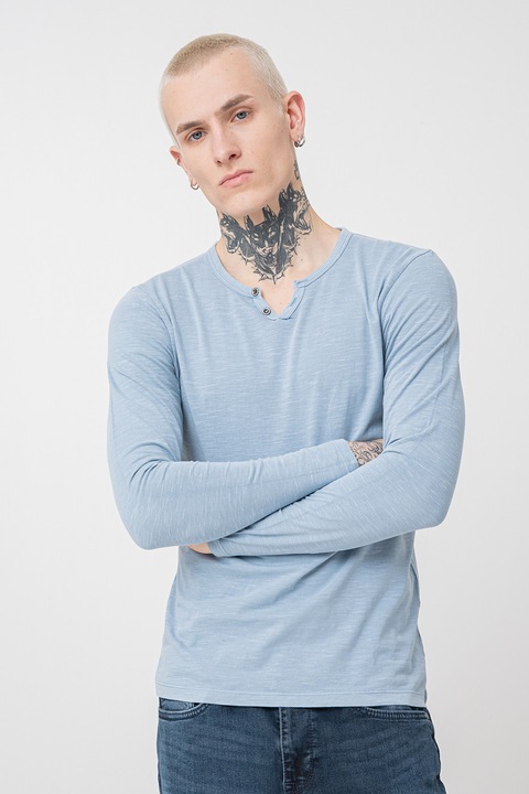 Jack&Jones, Bluza henley slim-fit de bumbac, Albastru glaciar