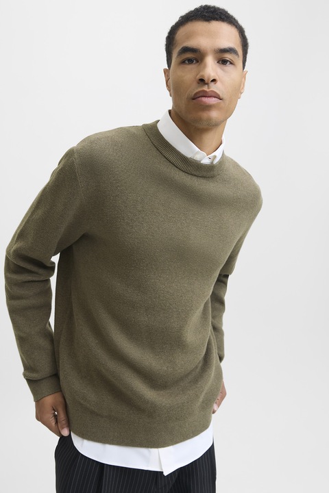 Jack & Jones, Pulover din amestec de bumbac organic cu decolteu rotund, Maro deschis melange