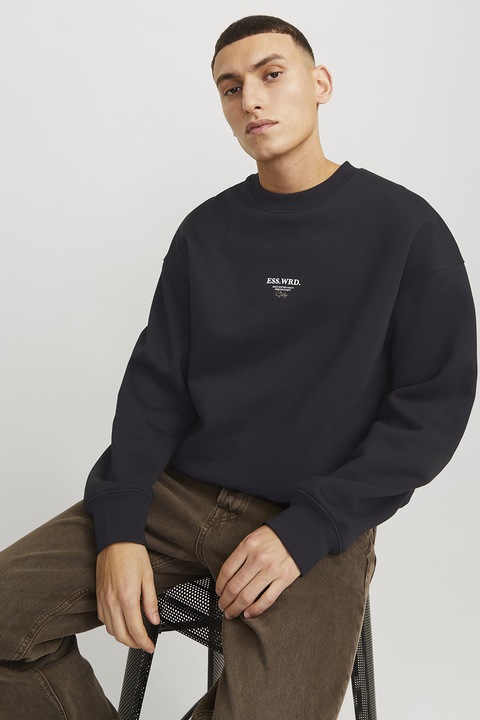 Jack & Jones, Bluza de trening cu decolteu la baza gatului si imprimeu pe partea din spate, Negru