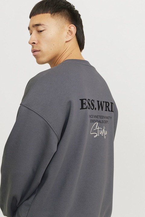 Jack & Jones, Bluza de trening cu decolteu la baza gatului si imprimeu pe partea din spate, Gri