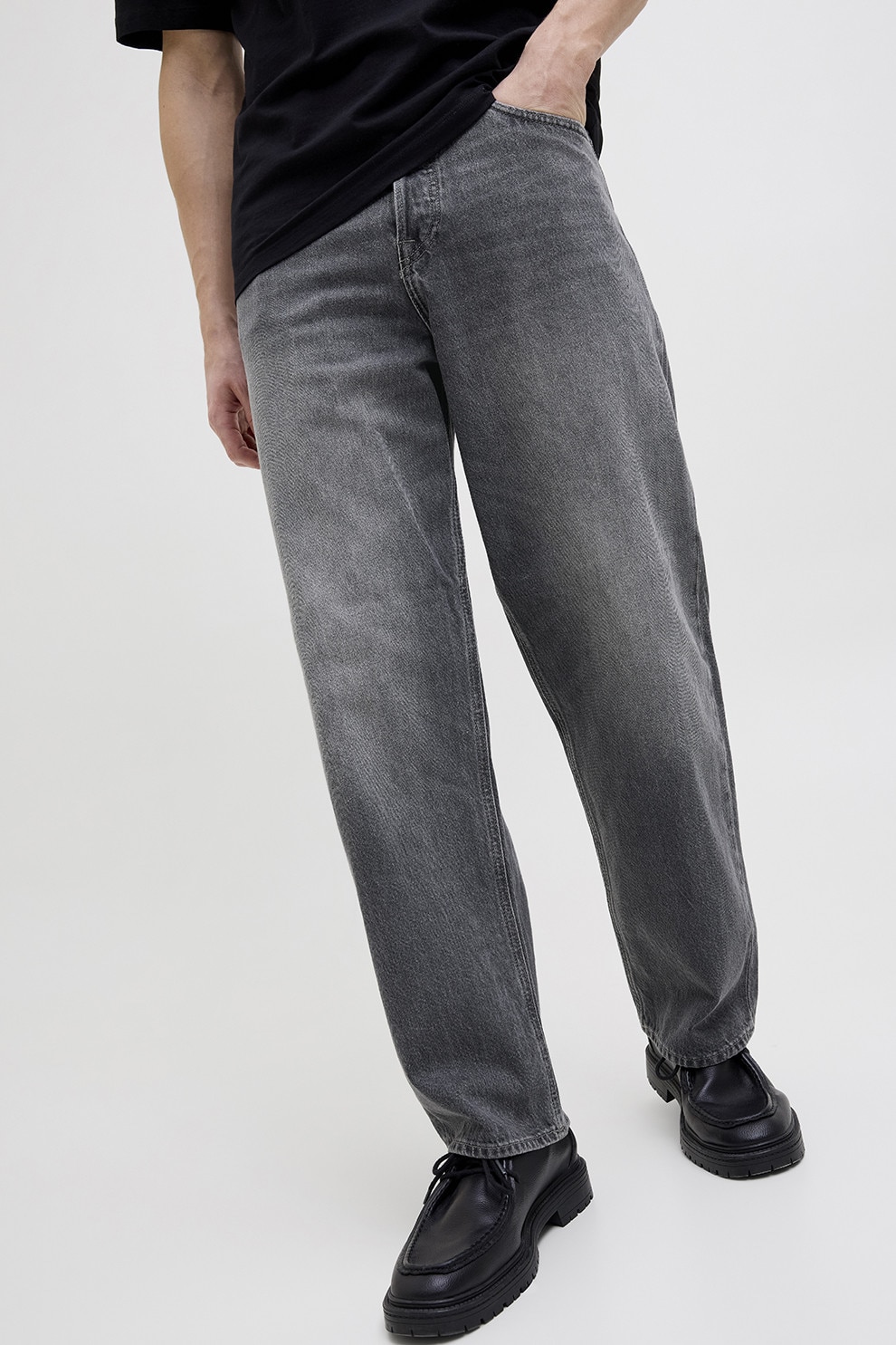 Jack & Jones, Blugi cu croiala baggy si model cu 5 buzunare, Gri inchis, W32-L32