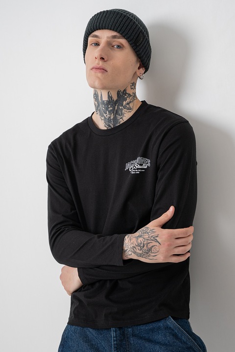Jack & Jones, Памучна блуза с лого, Бял/Черен