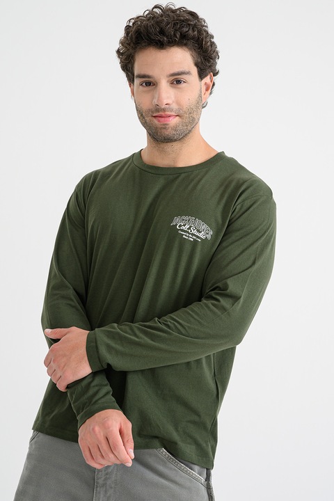 Jack & Jones, Памучна блуза с лого, Бял/Тъмнозелен