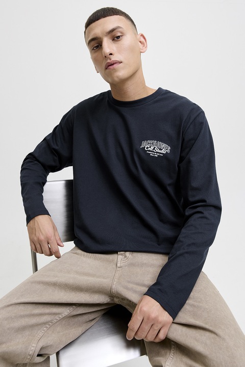 Jack & Jones, Bluza din bumbac cu decolteu la baza gatului si imprimeu logo, Bleumarin