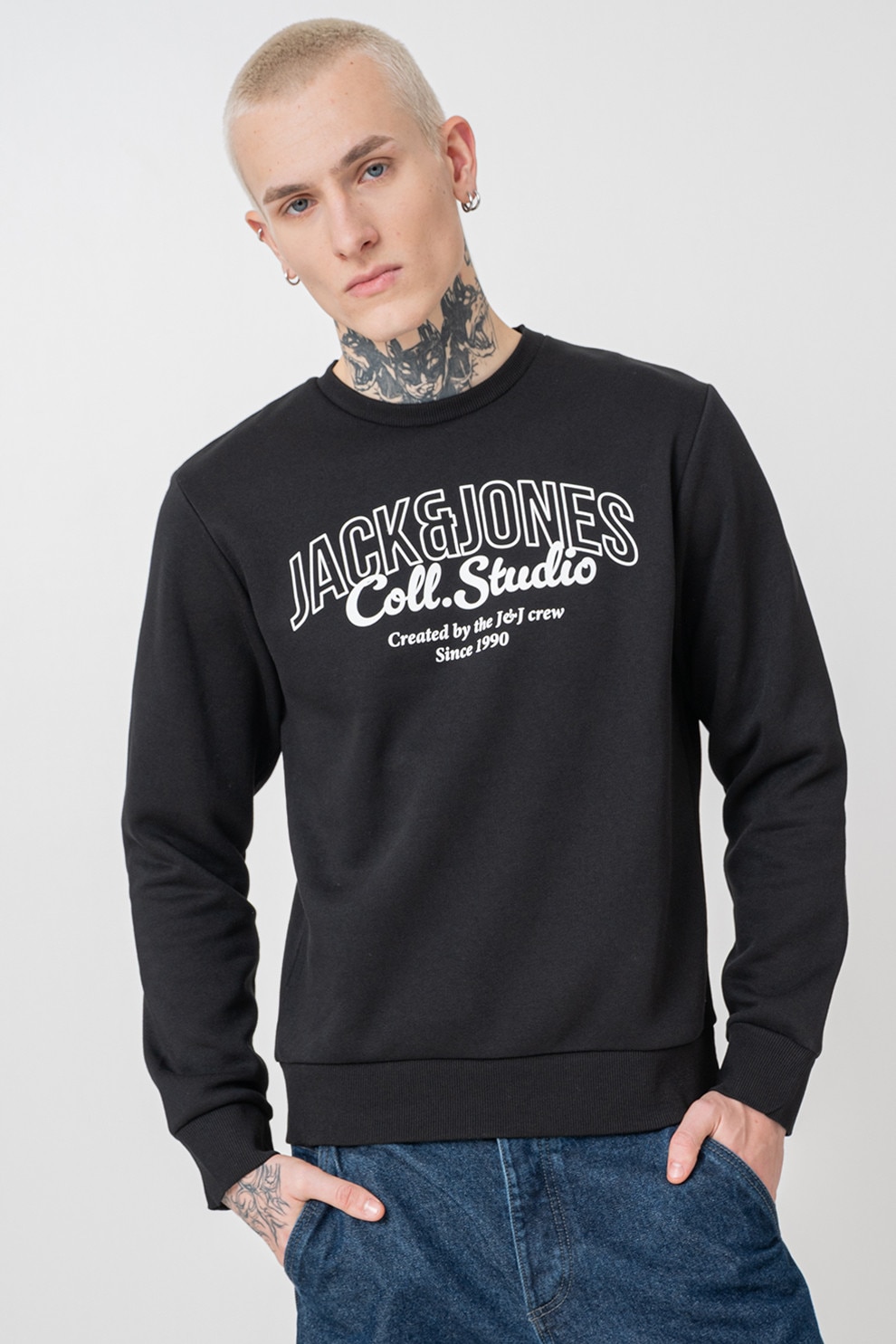 Jack & Jones, Bluza sport cu decolteu la baza gatului si imprimeu