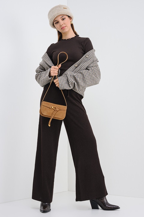 Only, Bluza striata cu garnituri de dantela, Maro inchis