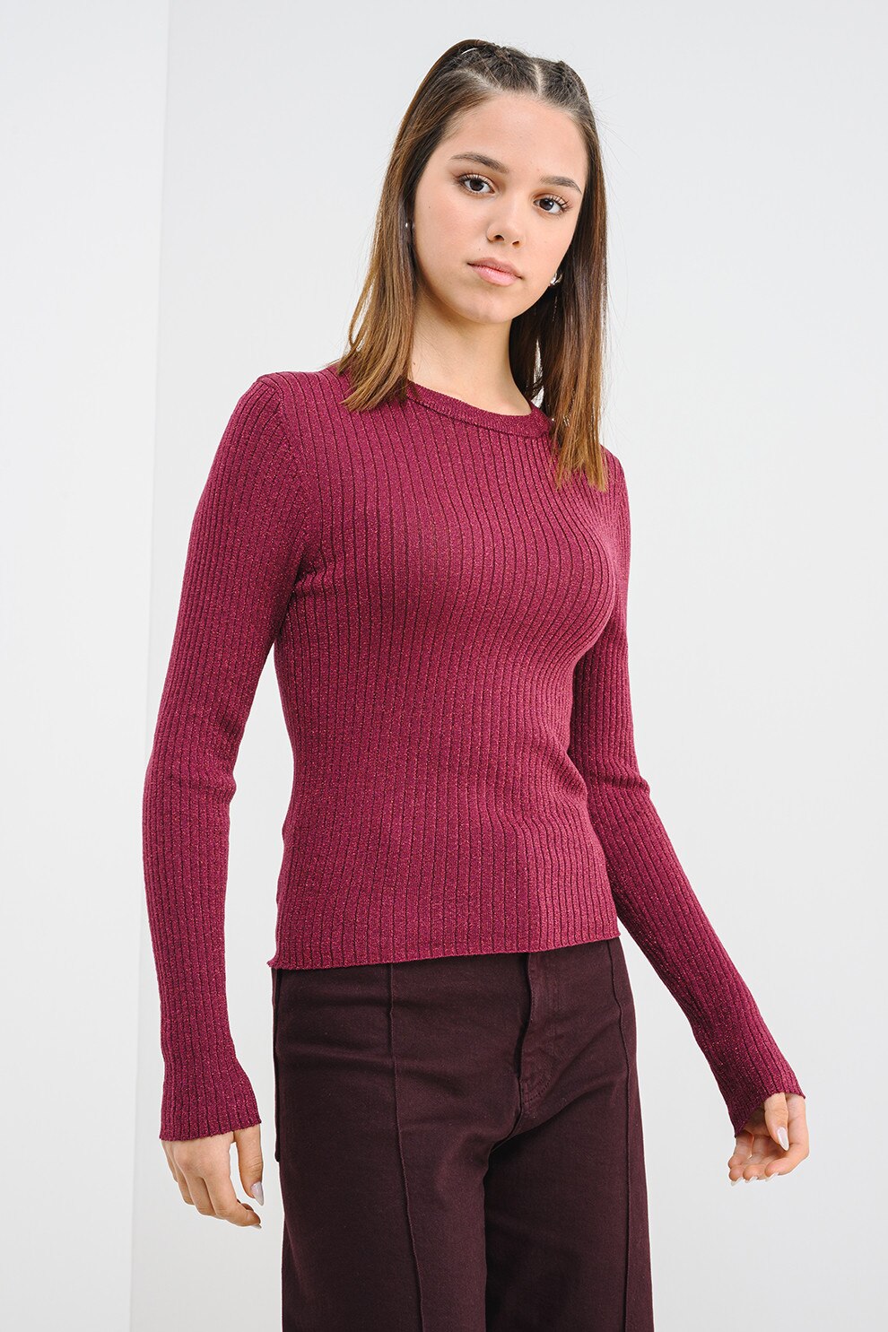 JdY, Pulover slim fit cu striatii si detalii stralucitoare, Roz