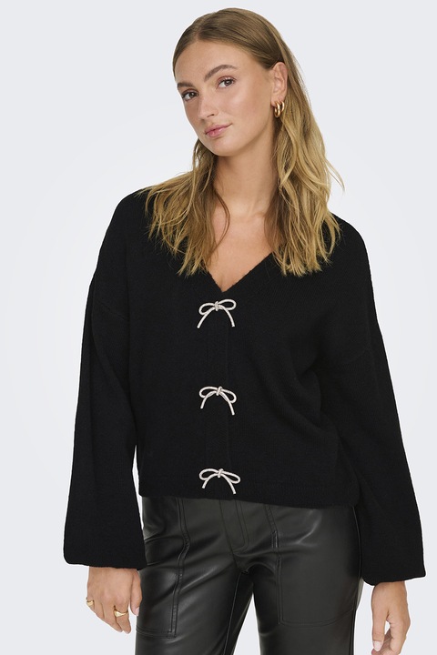 Only, Pulover cu maneci bufante si decolteu in V, Negru, L