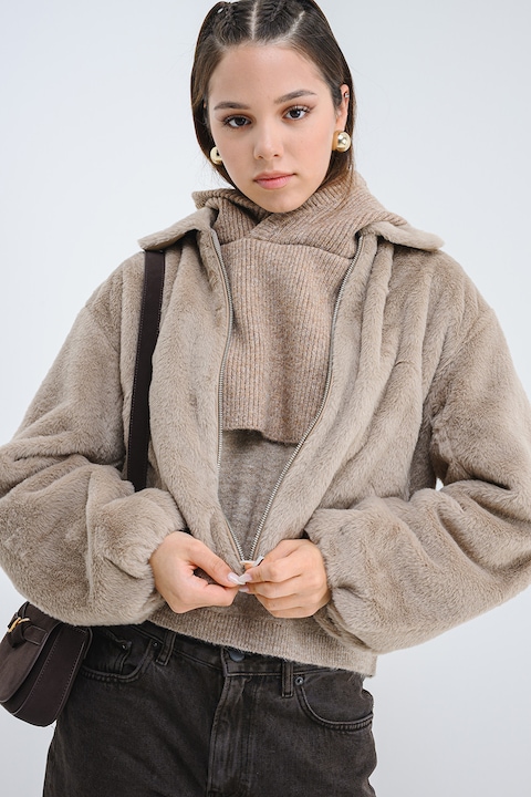 Only, Jacheta din material teddy cu guler ascutit, Maro nisip, L