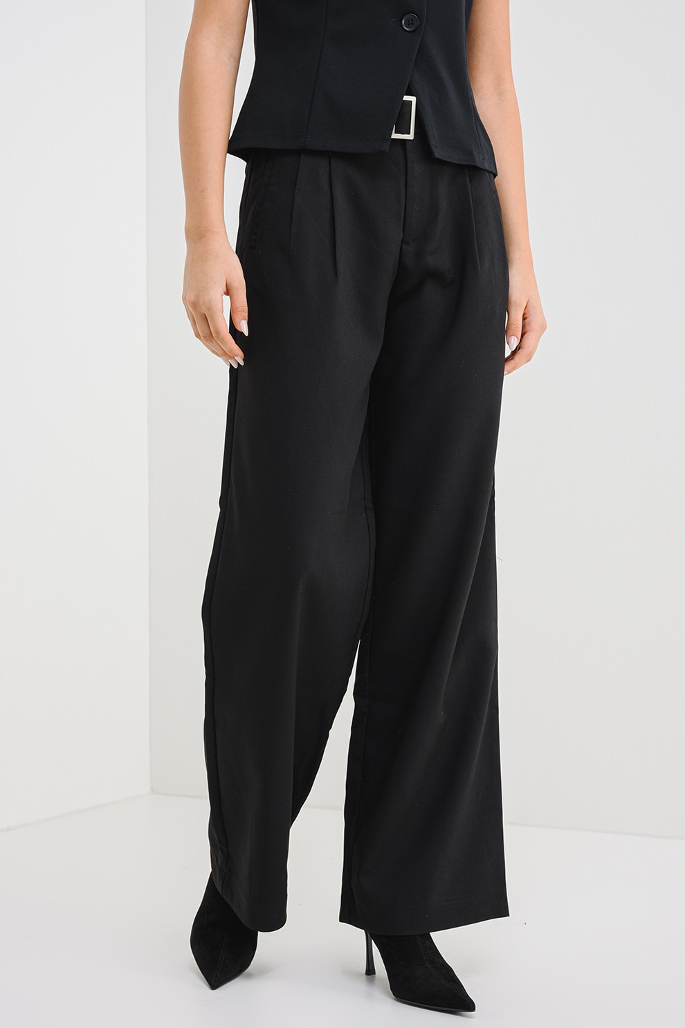 Only, Pantaloni uni cu croiala ampla si curea, Negru, 38-L32