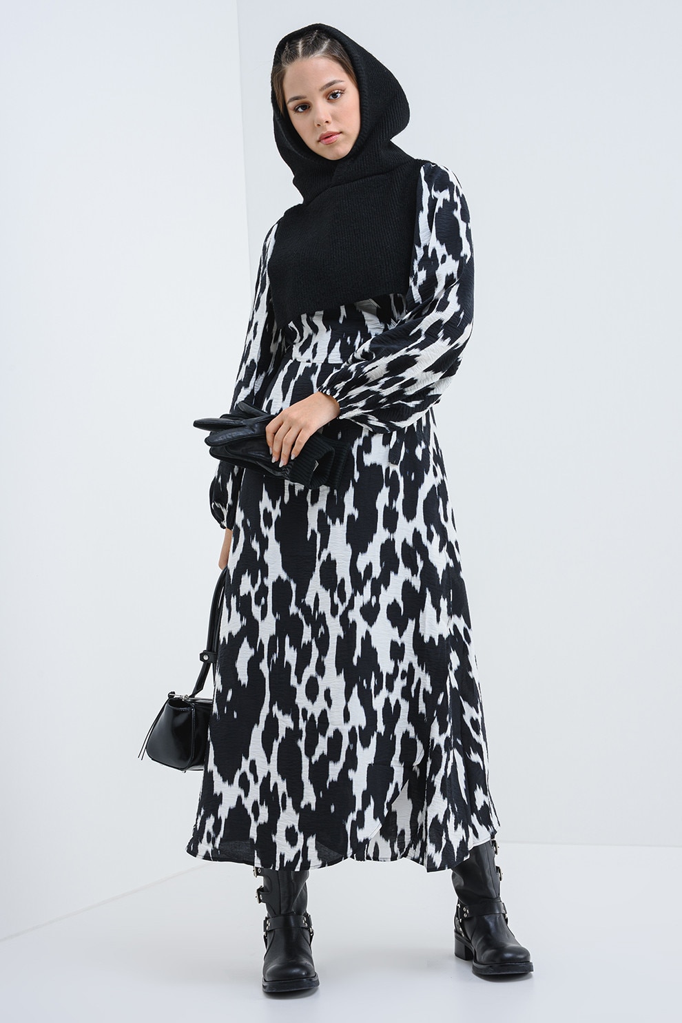JdY, Rochie lunga cu animal print, Alb, Negru, S