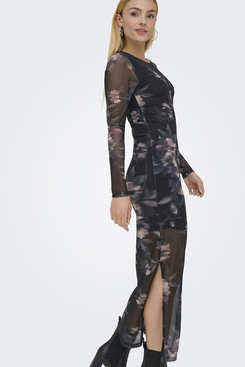 Only, Вталена миди рокля с ефирни панели, Черен/Лилав