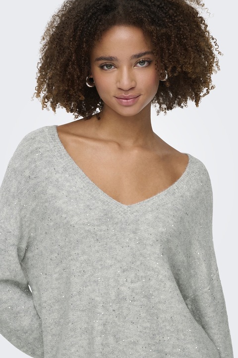 Only, Pulover tricotat cu decolteu in V, Gri deschis