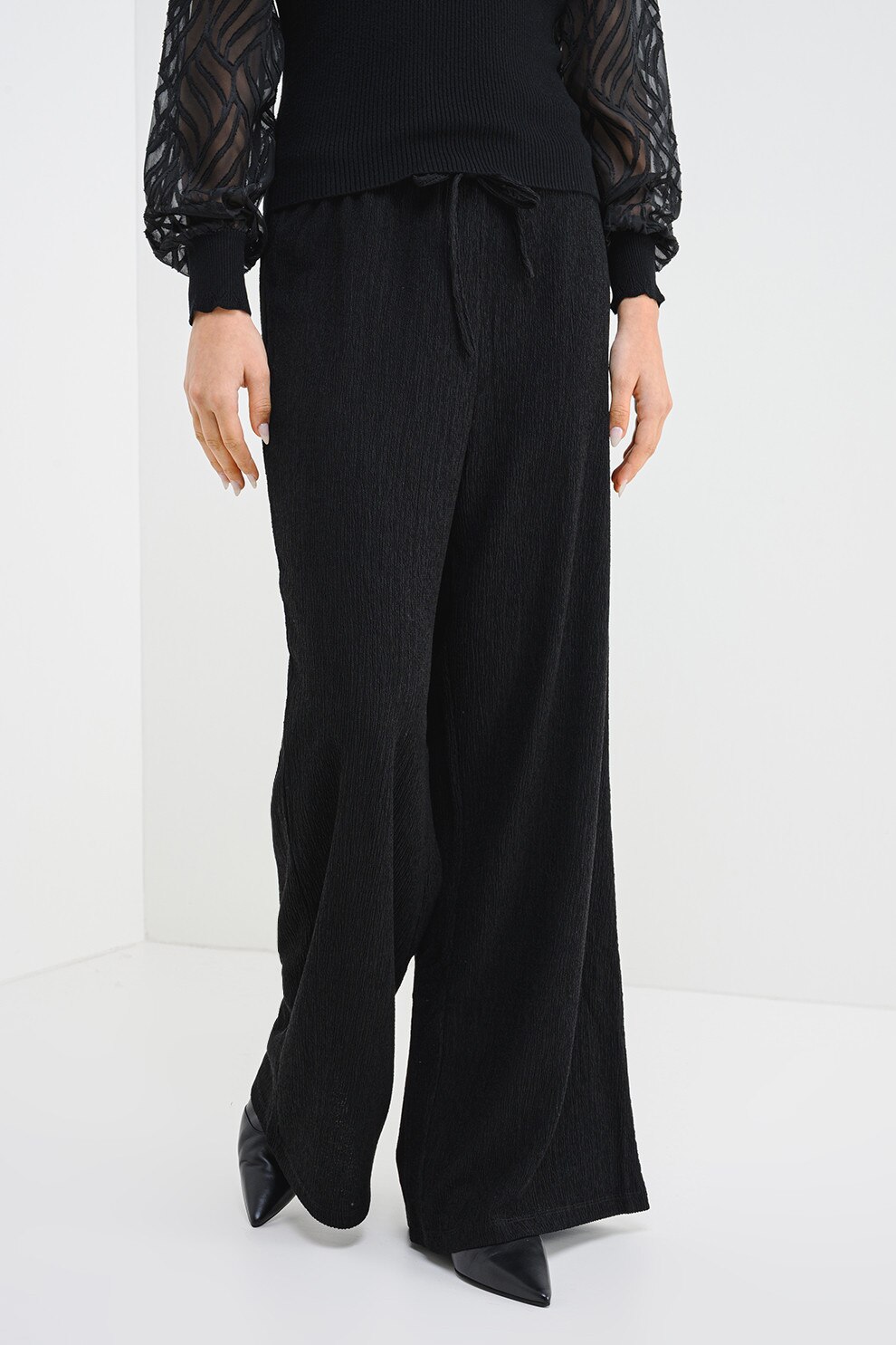 Only, Pantaloni cu croiala ampla si snururi, Negru, M