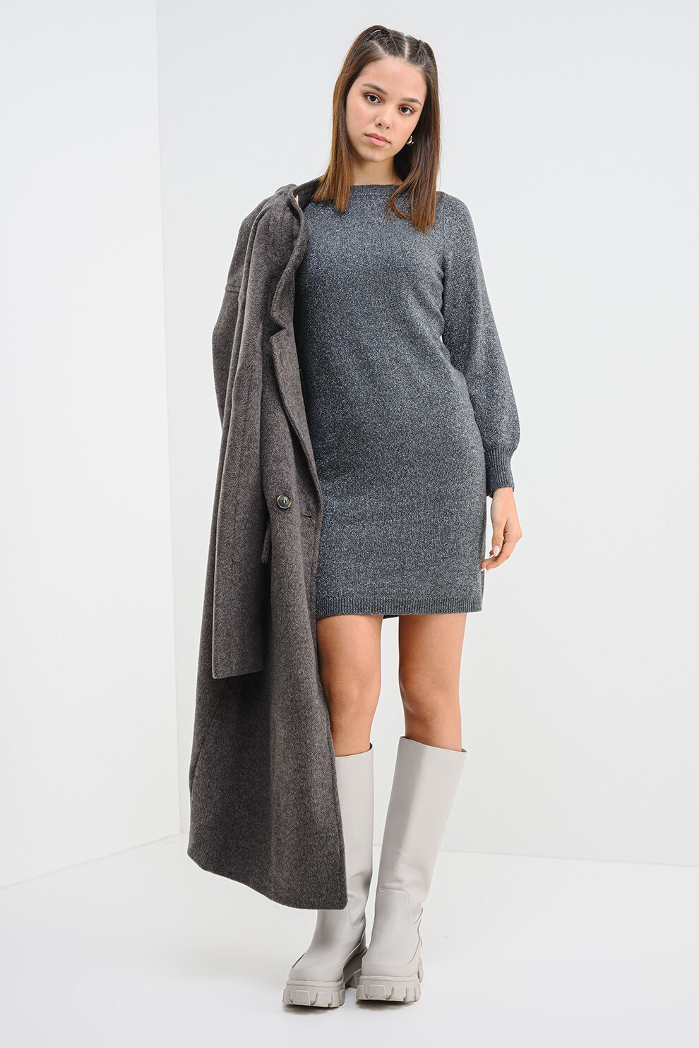 JdY, Rochie mini cu decolteu la baza gatului si maneci lungi, Gri, Argintiu, L