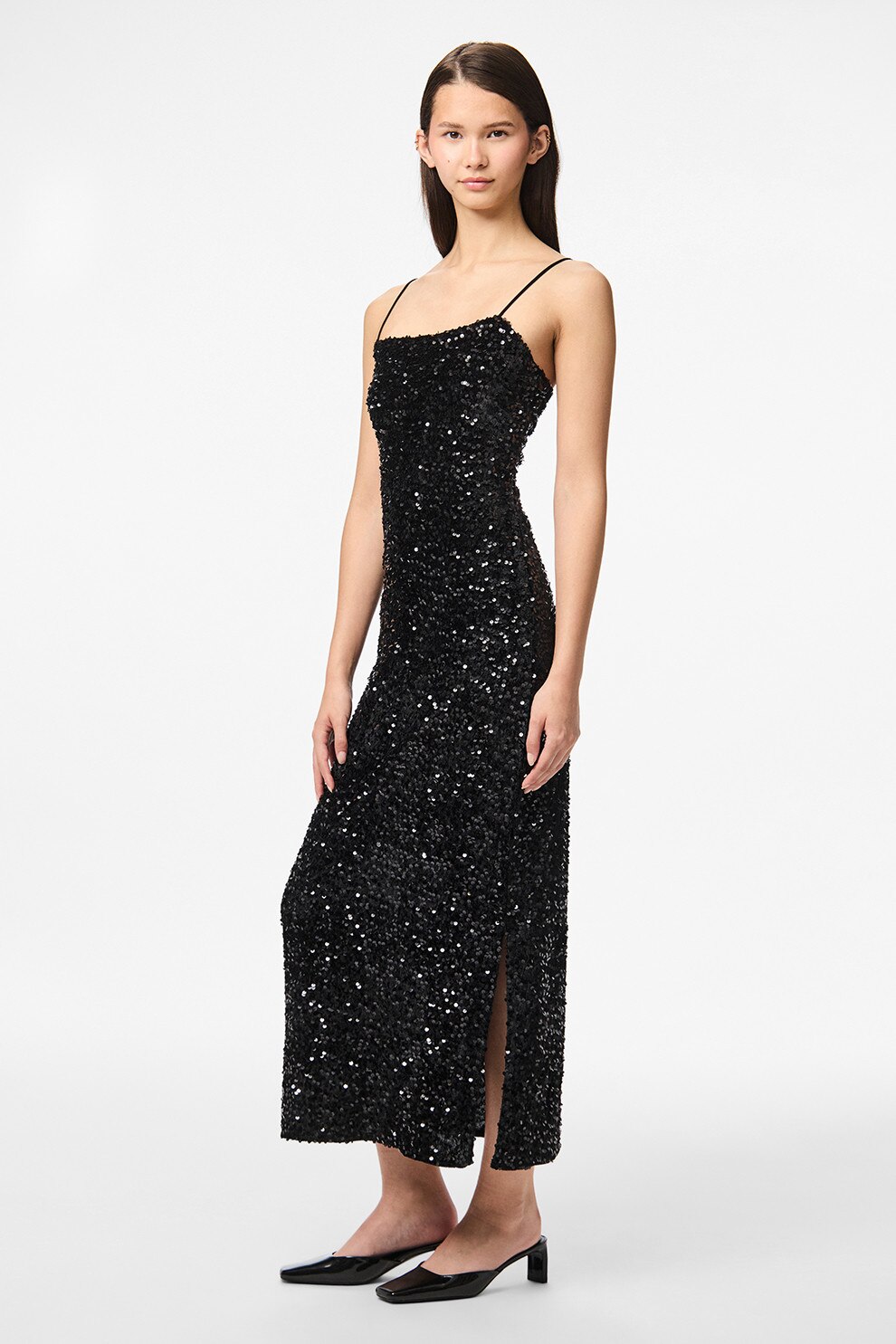 Pieces, Rochie cu paiete si slituri laterale, Negru, S