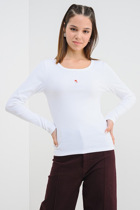 Pieces, Bluza din amestec de bumbac organic cu striatii, Alb optic