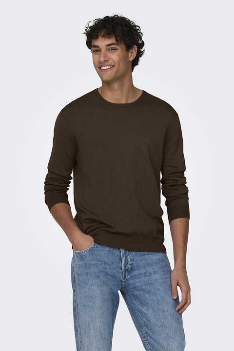 Only & Sons, Kerek nyakú pulóver, Sötétbarna