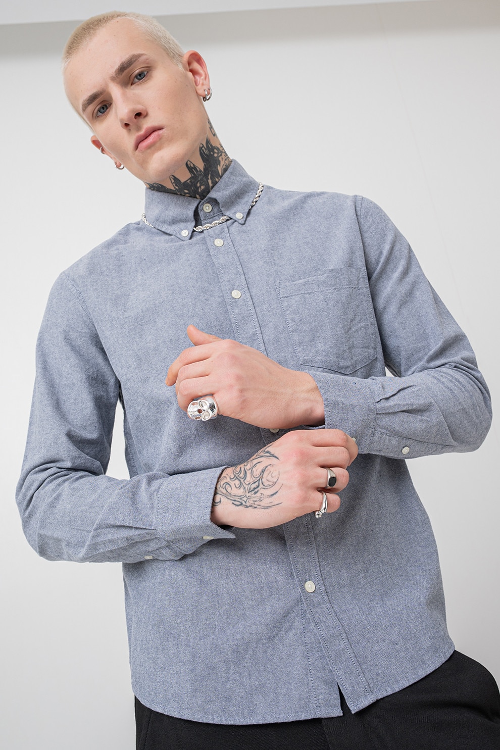 Only & Sons, Camasa uni cu guler fixat cu nasturi, Albastru melange, L