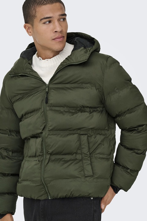 Only & Sons, Зимно капитонирано яке с качулка, Тъмно каки