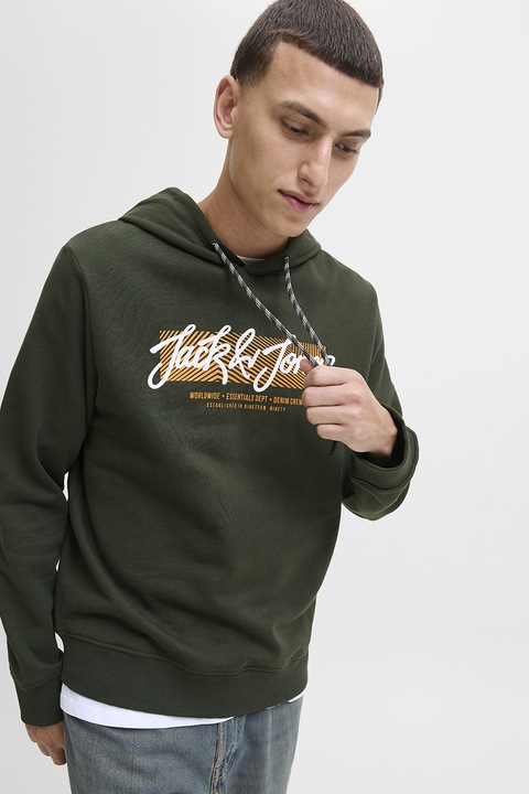 Jack & Jones, Худи с лого, Тъмнозелен