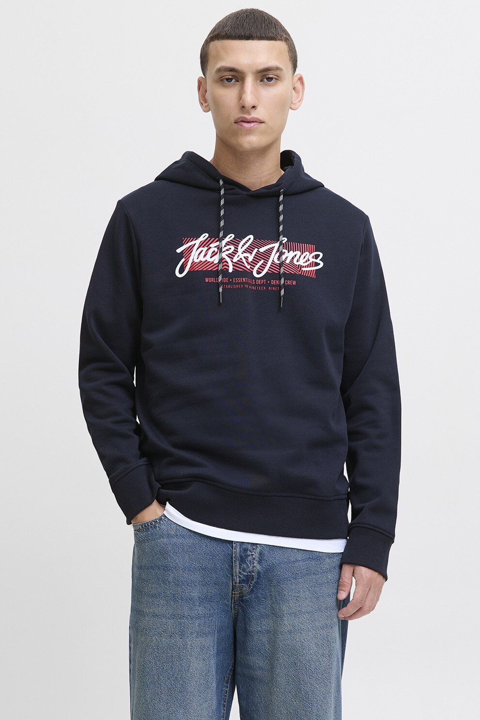 Jack & Jones, Hanorac cu imprimeu logo frontal, Bleumarin, XXL