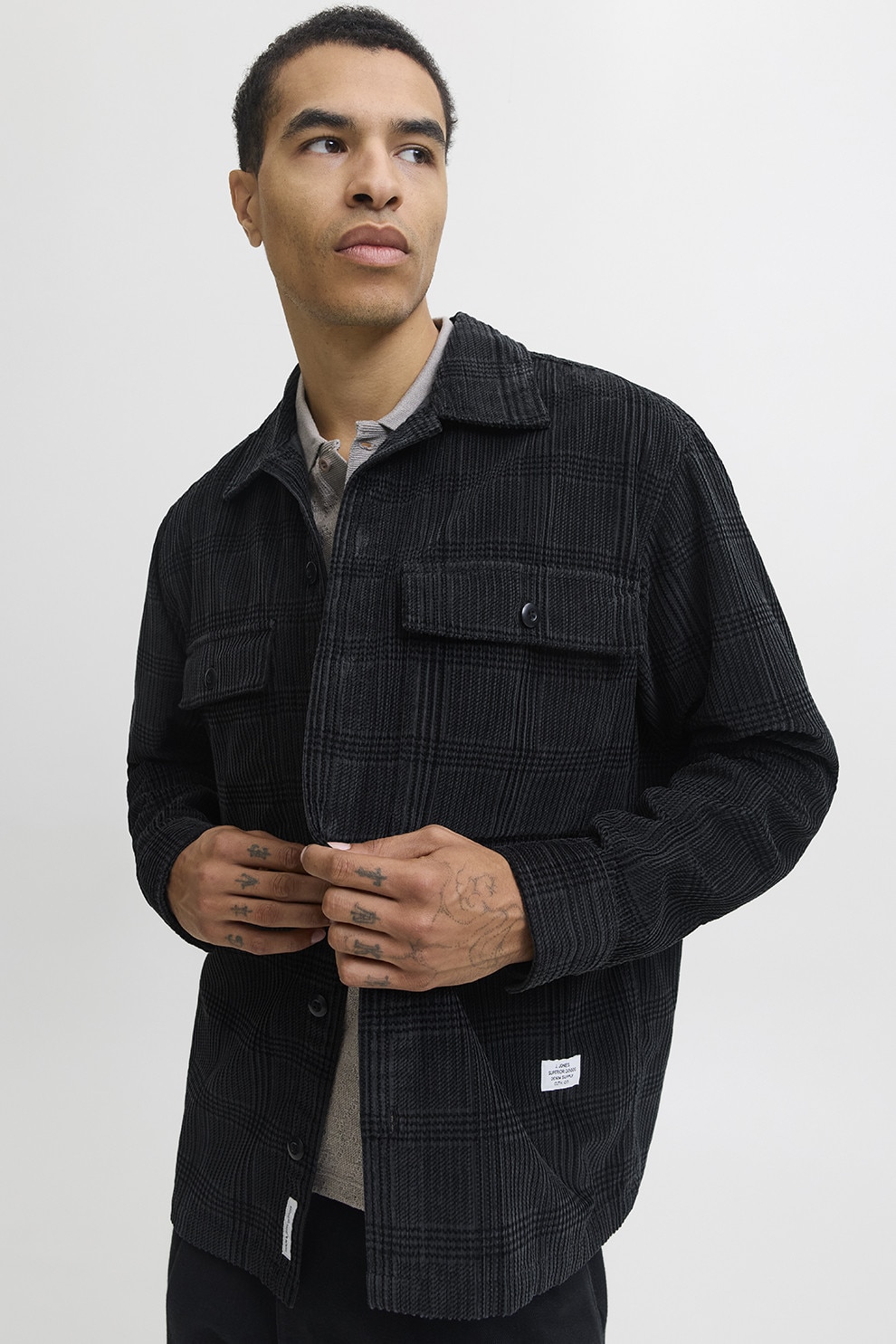 Jack & Jones, Camasa de reiat cu buzunare pe piept, Negru, Gri inchis, L