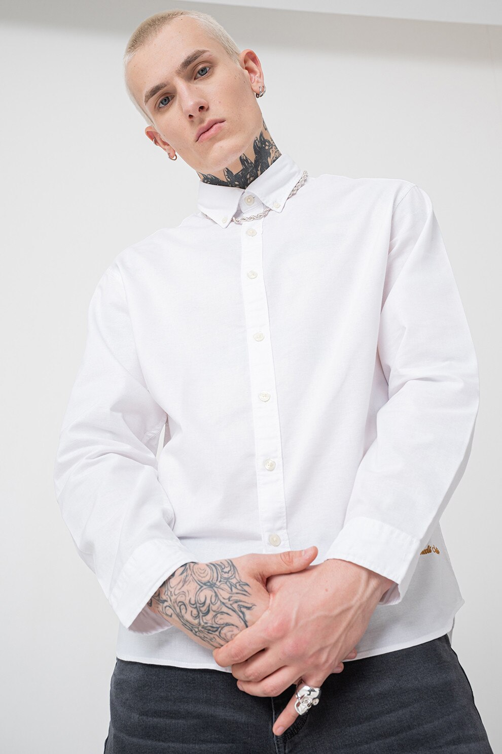 Jack & Jones, Camasa din bumbac organic cu guler ascutit, Alb optic, L