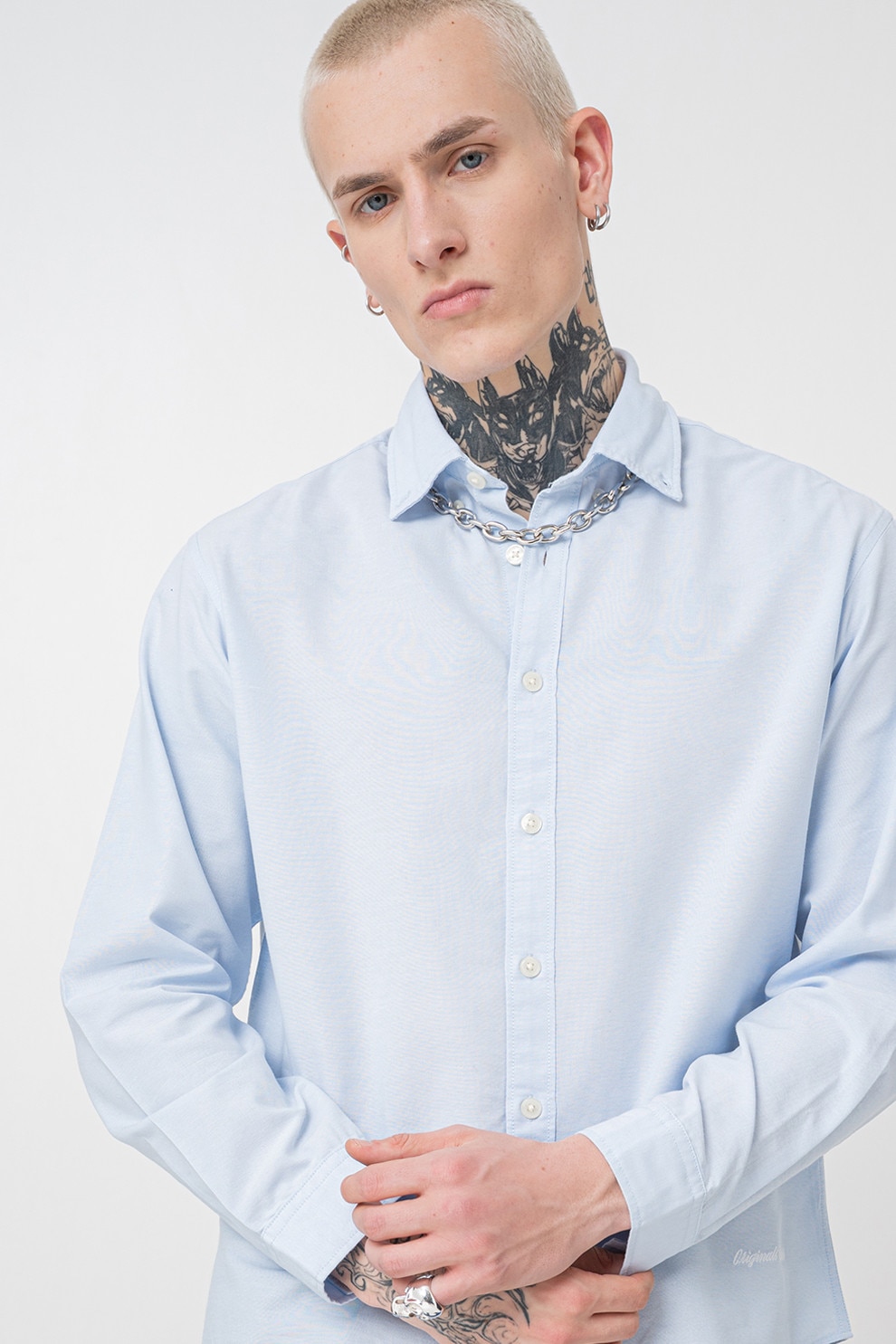 Jack & Jones, Camasa din bumbac organic cu guler ascutit, Albastru pastel, XL