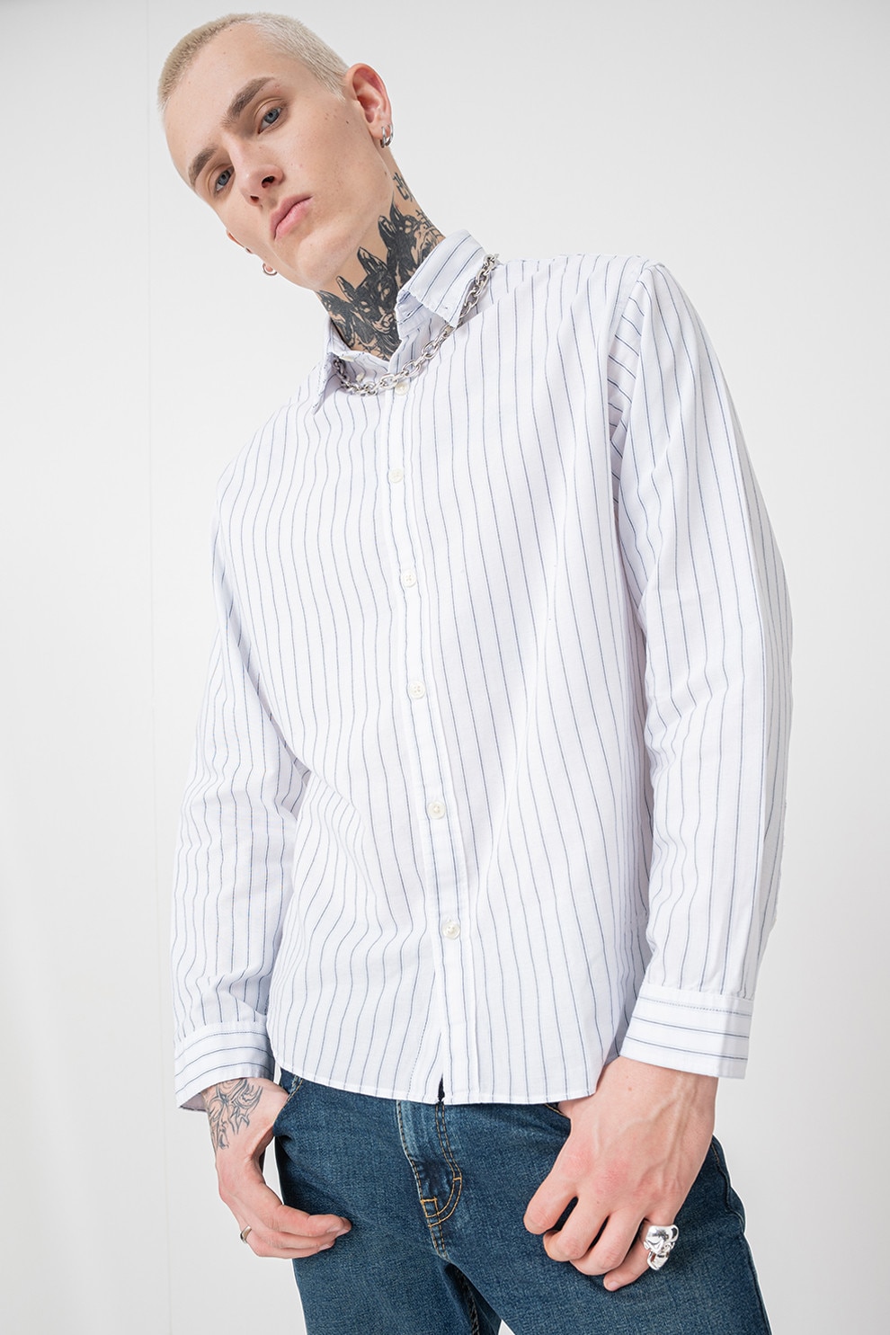 Jack & Jones, Camasa din bumbac organic cu guler ascutit, Alb, Negru, Albastru deschis, L