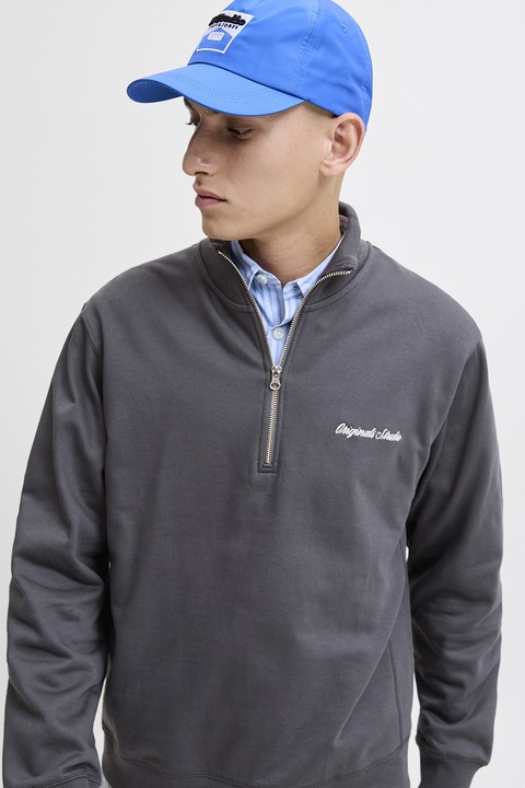 Jack & Jones, Bluza de trening relaxed fit cu fermoar scurt, Gri carbune