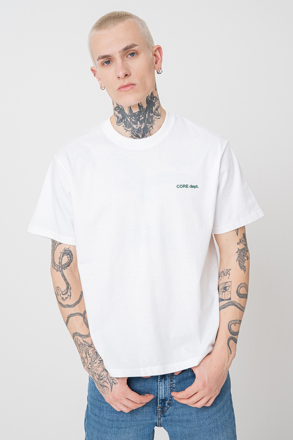 Jack & Jones, Tricou din amestec de bumbac organic si imprimeu grafic pe partea din spate, Verde, Alb optic, L