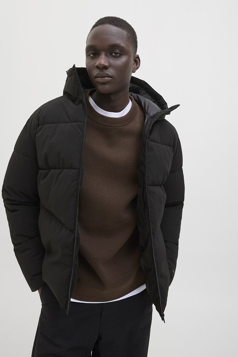 Jack & Jones, Geaca cu gluga si guler inalt, Negru