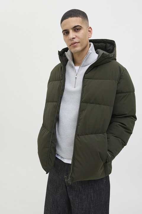 Jack & Jones, Зимно яке с качулка и висока яка, Бледо каки