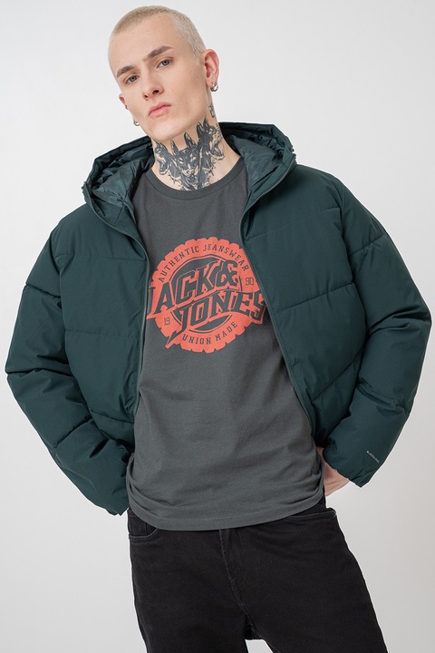 Jack & Jones, Geaca cu gluga si guler inalt, Verde englez