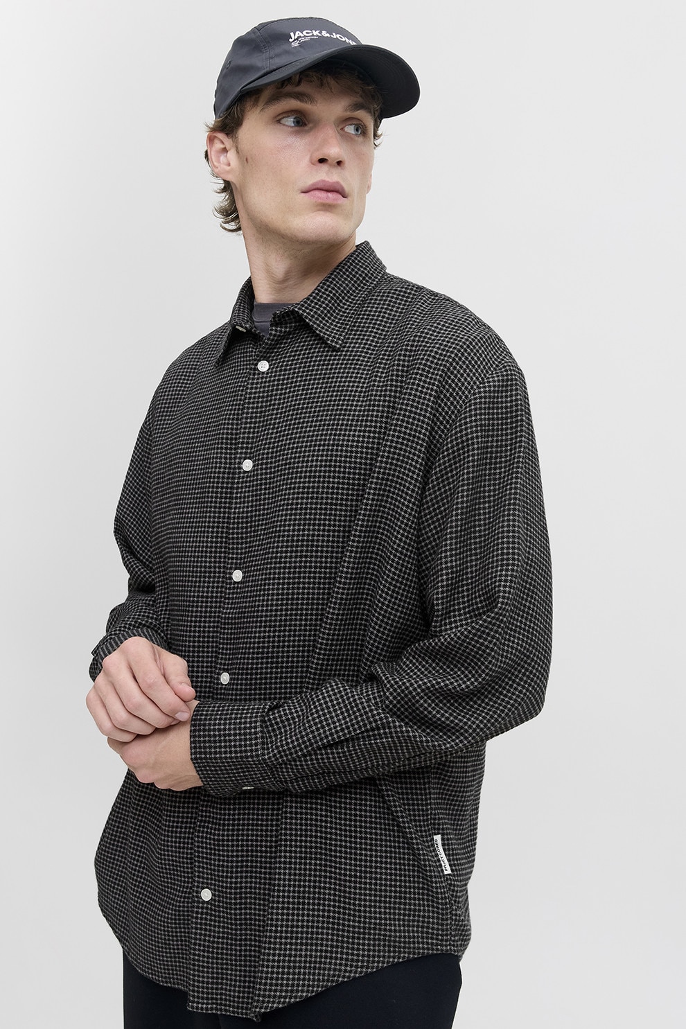 Jack & Jones, Camasa din amestec de bumbac organic cu model, Negru, Gri deschis, M