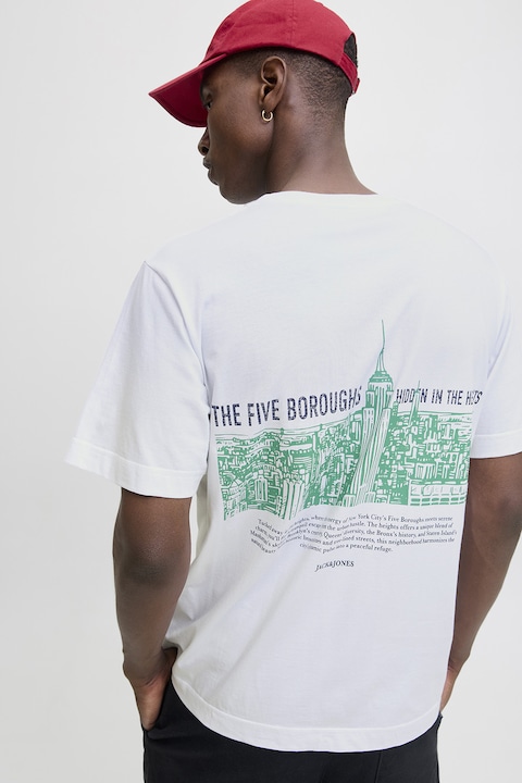 Jack & Jones, Biopamut póló mintával, Fehér/Zöld/Tengerészkék