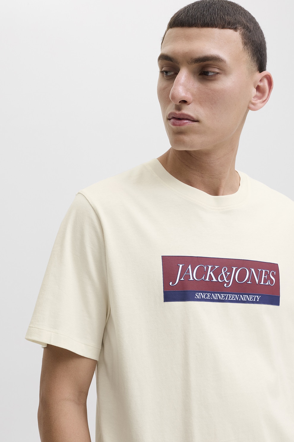 Jack & Jones, Tricou cu logo pe piept, Visiniu, Crem, Bleumarin, L