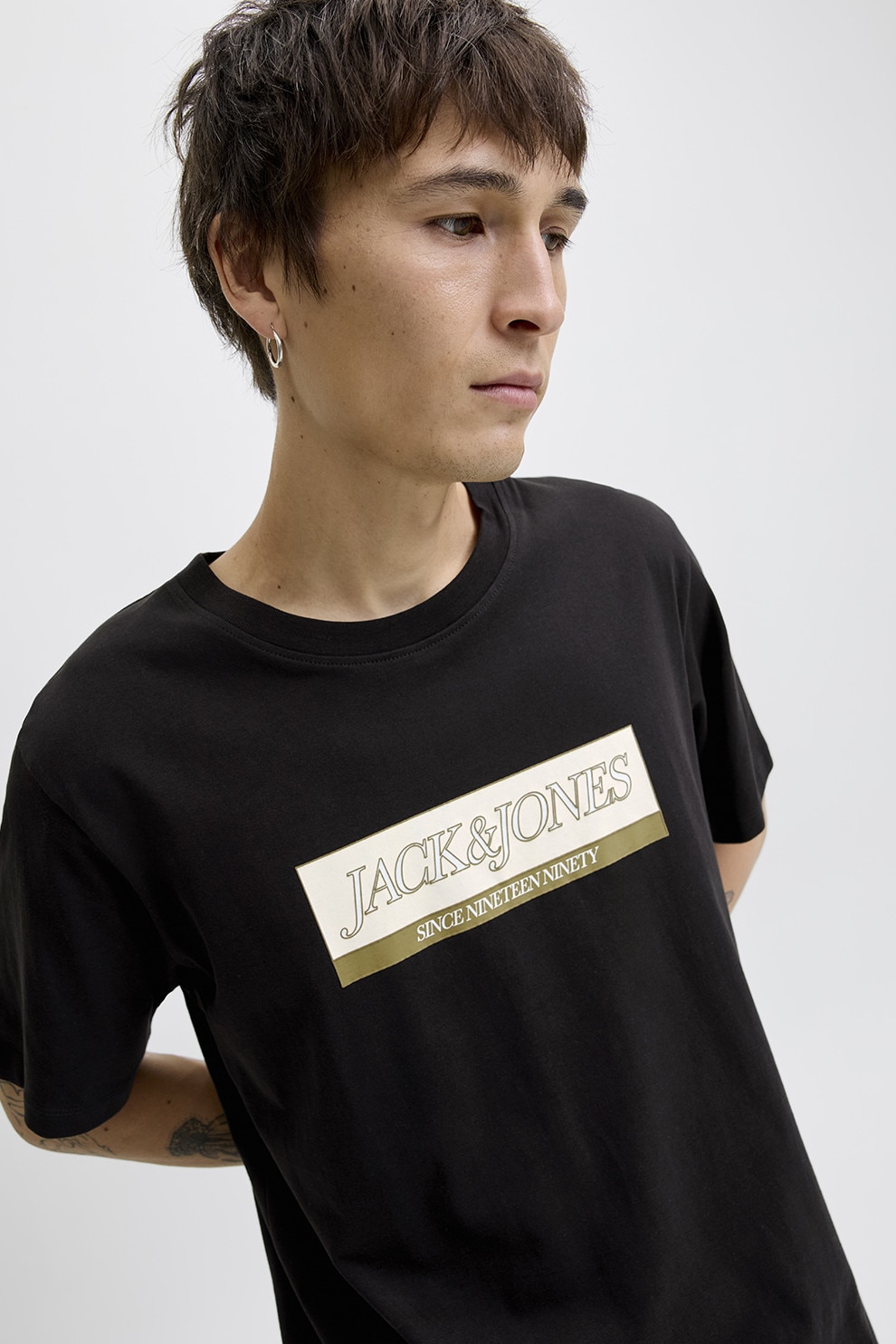 Jack & Jones, Tricou cu logo pe piept, Negru, Crem, M