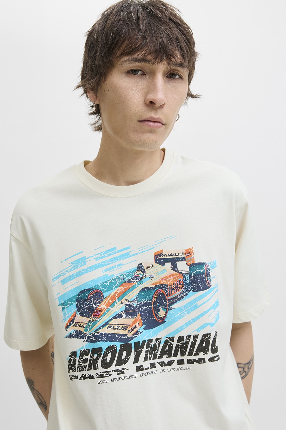 Jack & Jones, Tricou cu imprimeu pe piept, Alb, Negru, Albastru glaciar, M