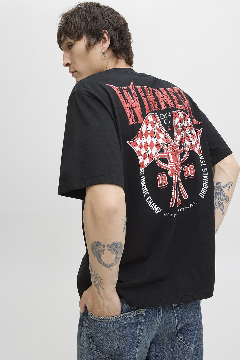 Jack & Jones, Tricou cu imprimeu pe piept, Rosu, Alb, Negru, S