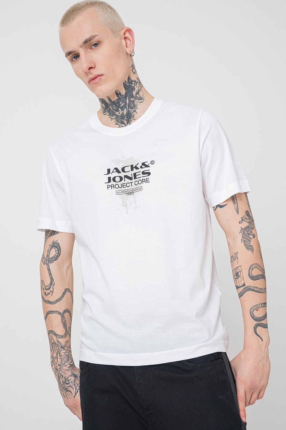 Jack & Jones, Tricou din bumbac Condor, Alb, Negru, Verde pal, M