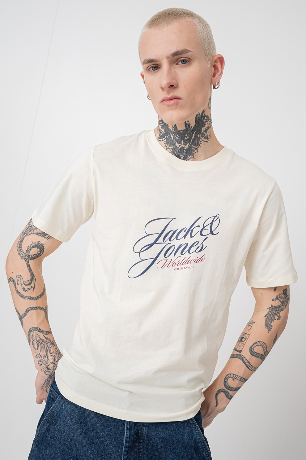 Jack & Jones, Tricou cu imprimeu logo Inwood, Galben pal, Bleumarin, M