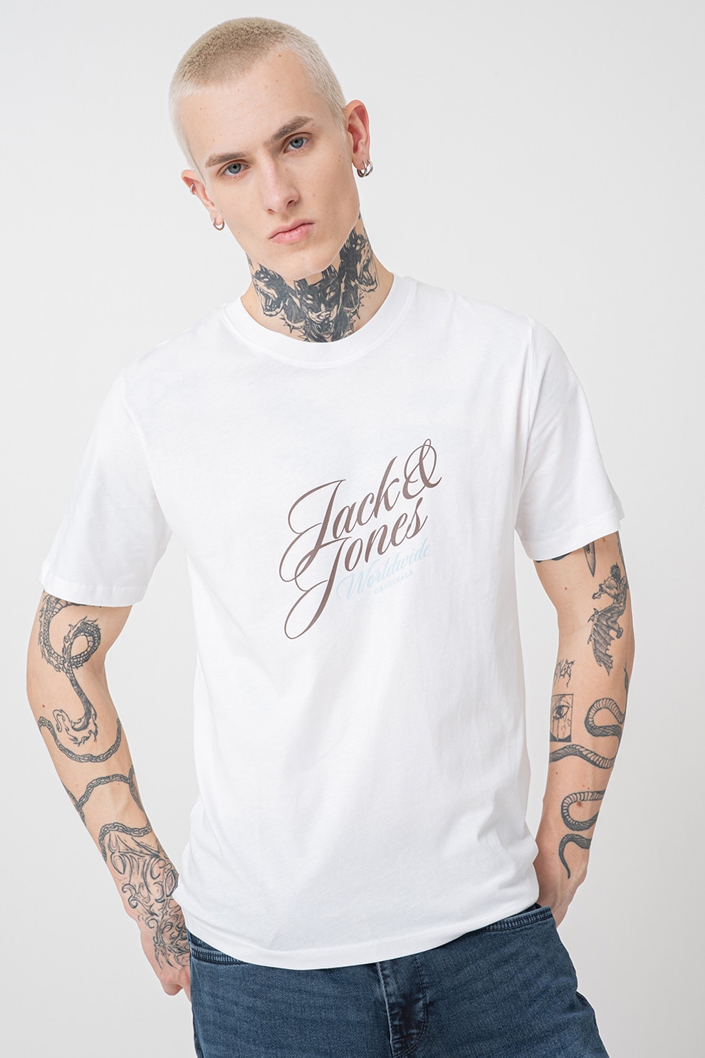 Jack & Jones, Tricou cu imprimeu logo Inwood, Alb, Kaki, Albastru, L